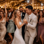 Bruidspaar danst met gasten in een feesttent vol lichtjes